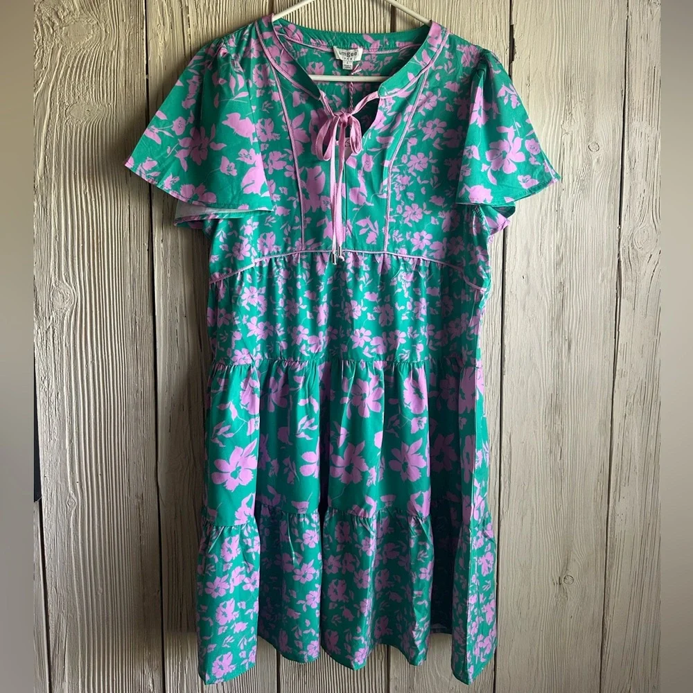 Umgee Green & Pink Floral Ruffle Dress Size Large - Picture 4 of 5